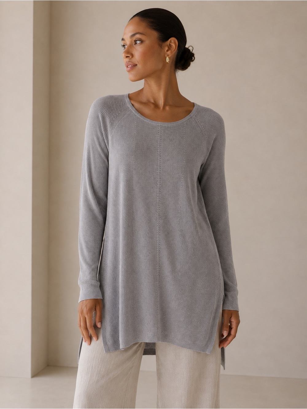 Light Gray Long-Sleeve Knit Tunic Top